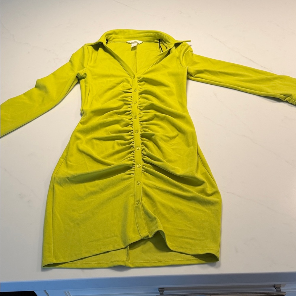 H&M Lime Green Ruched Button-Front Dress size S